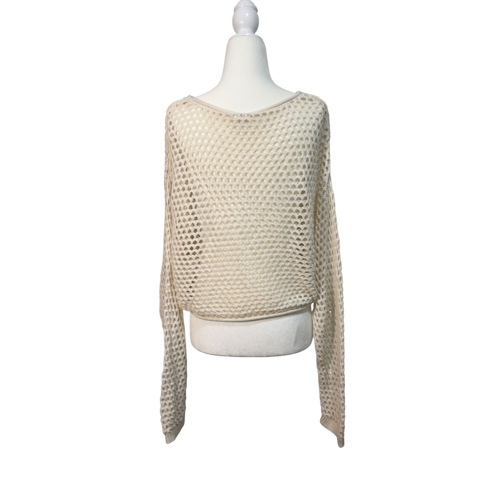 Garage Women Cream Open Knit Crochet Cropped Sweater Long Sleeve Size M - Picture 2 of 4